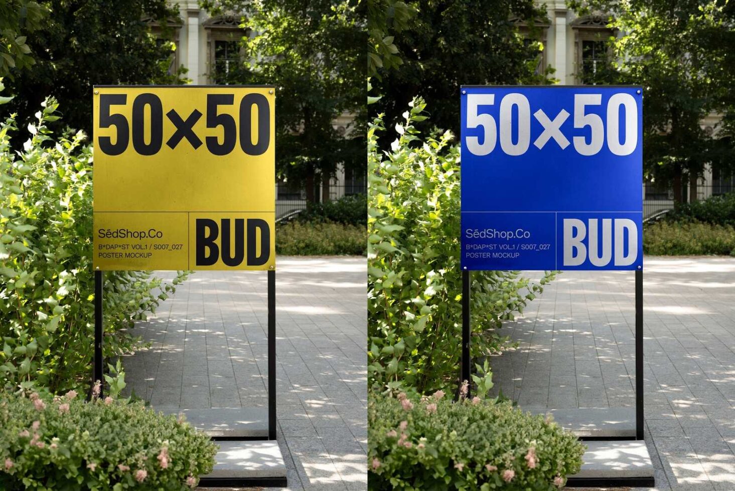 Outdoor poster mockup featuring yellow and blue boards with bold typography ideal for graphic designers marketing assets and urban advertising designs.