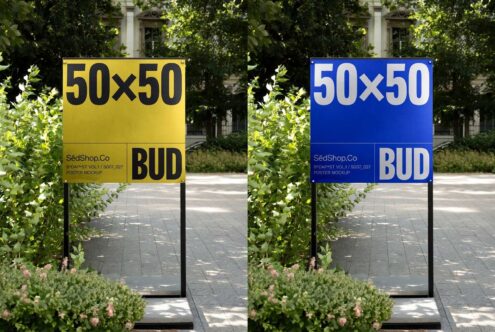 Outdoor poster mockup featuring yellow and blue boards with bold typography ideal for graphic designers marketing assets and urban advertising designs.