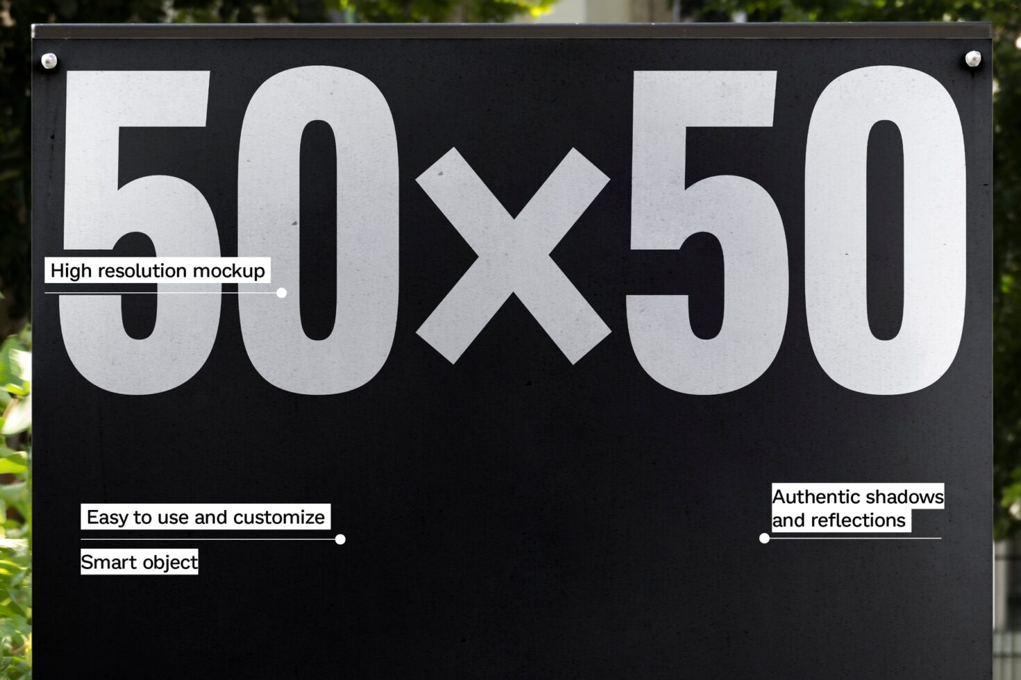 Bold black and white 50x50 outdoor mockup sign with customizable smart object. Ideal for designers seeking authentic shadows and high-resolution display.