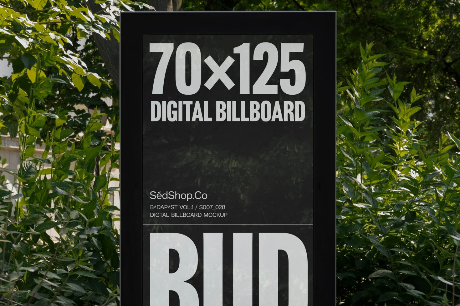 Digital billboard mockup 70x125 inches standing outdoors surrounded by greenery perfect asset for designers showcasing advertising templates graphics