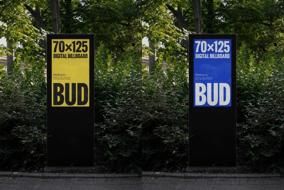 Digital billboard mockup in park setting with yellow and blue designs 70x125 dimensions perfect for designers templates outdoor advertising graphics.