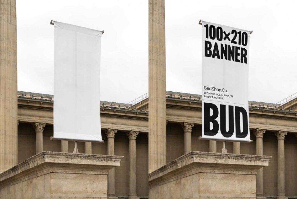Blank white banner hanging on classical columns next to filled version showing black text