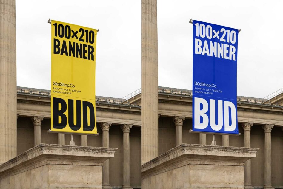 Two vertical banners on columns in yellow, then blue, both displaying large BUD text below