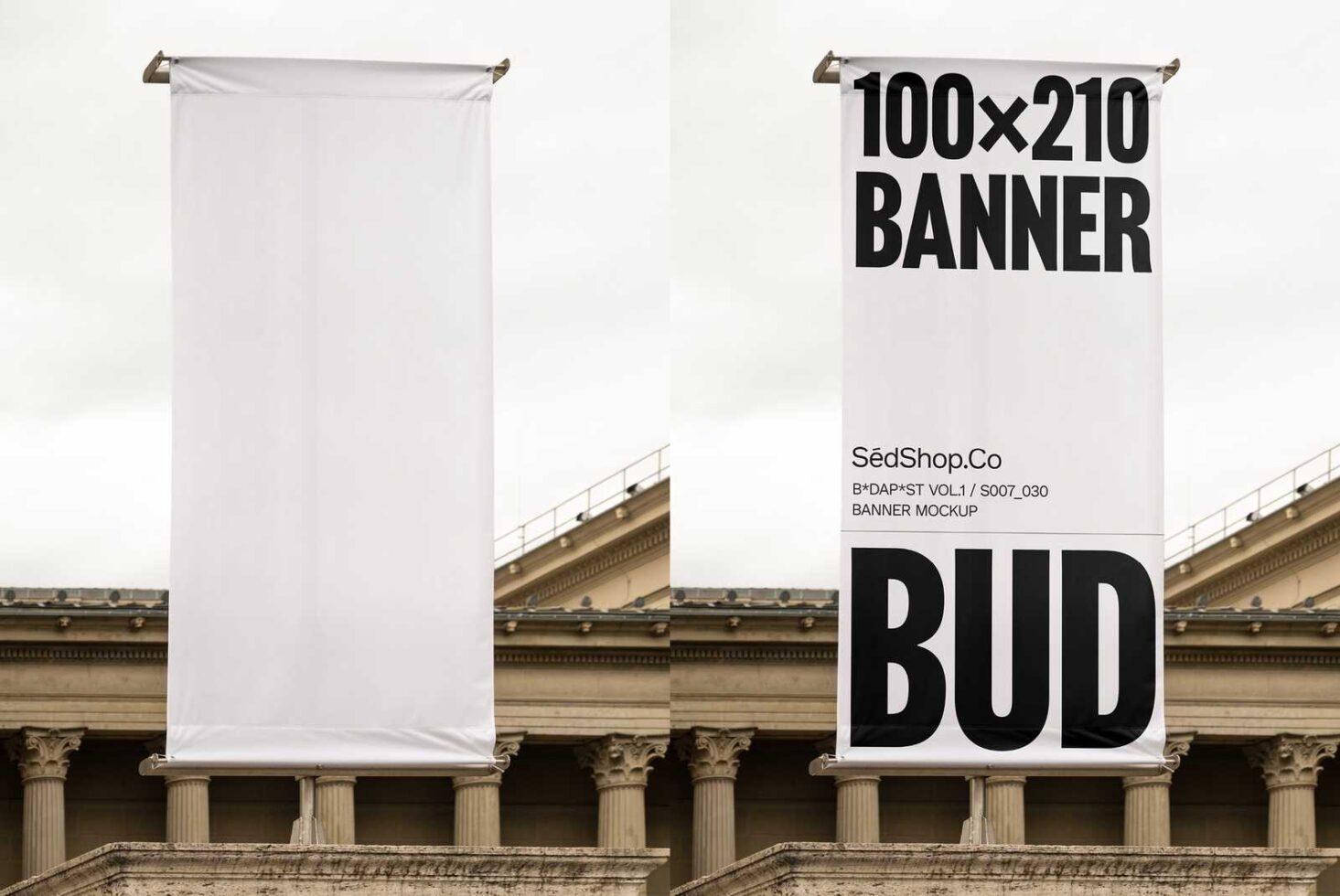 Tall banner mockup displayed against a classical building backdrop. Ideal for designers creating large scale graphics, showcasing clear text and designs.