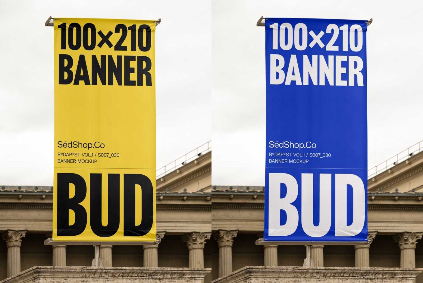 Urban vertical banner mockup design in yellow and blue on historic building facade. Suitable for outdoor advertising presentations. Graphic template asset.