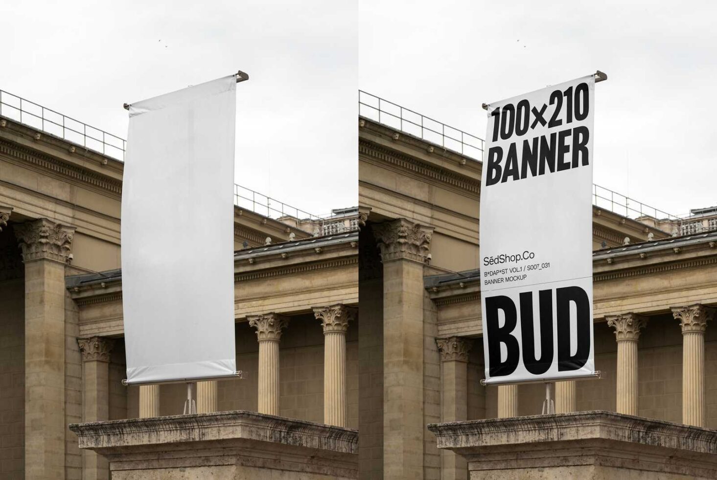 Outdoor vertical banner mockup on historic building facade showcasing design potential for urban advertising digital asset for designers high-quality graphics