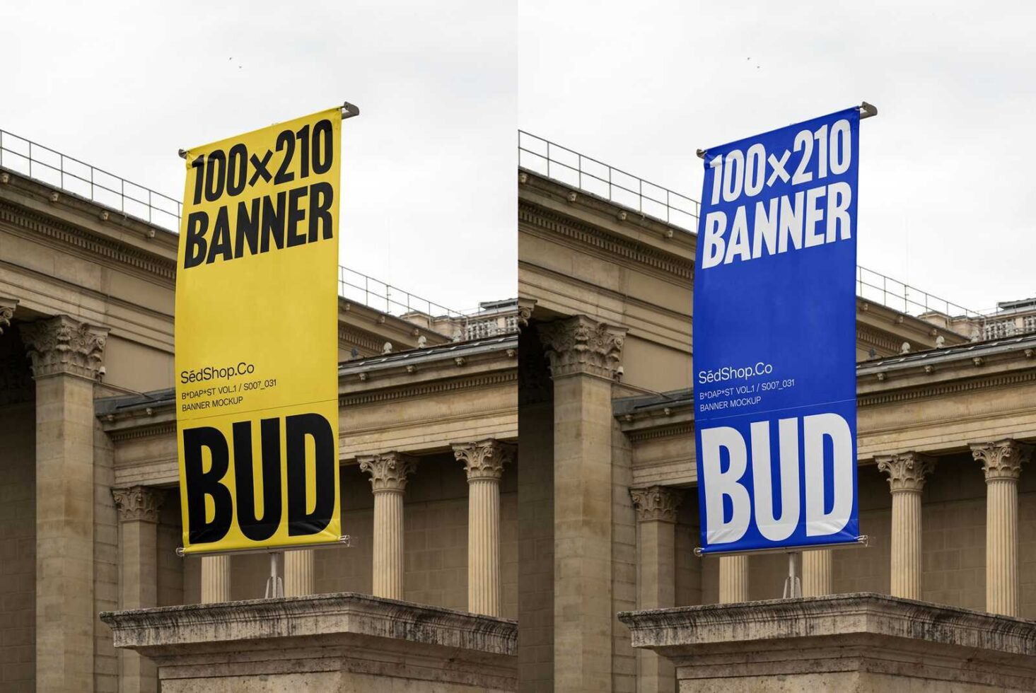 Street banner mockup in yellow and blue displayed outside a classical building. Includes customizable text graphics. Ideal for designers digital assets.