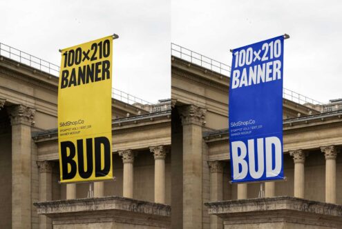 Street banner mockup in yellow and blue displayed outside a classical building. Includes customizable text graphics. Ideal for designers digital assets.