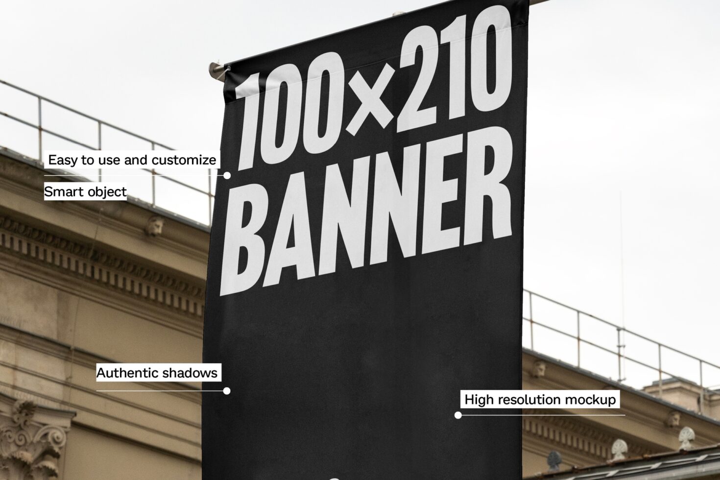 High resolution banner mockup 100x210 showcasing customizable smart objects with authentic shadows. Perfect for designers creating outdoor advertising graphics.