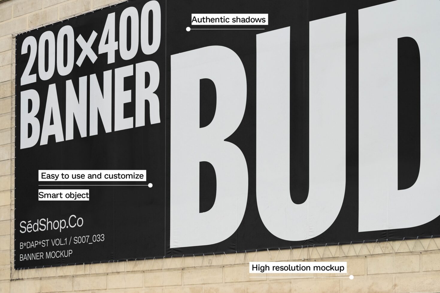 High-resolution banner mockup featuring a 200x400 canvas on a wall. Customizable, easy to use, perfect for designers seeking realistic shadow effects.