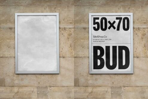 50x70 poster mockup on concrete wall for designers showcasing bold typography and frame. Perfect for graphic design templates and presentation.