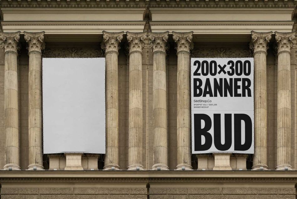 Architectural banner mockup template displayed on classic building columns. Ideal for showcasing commercial design projects. Suitable for designers.