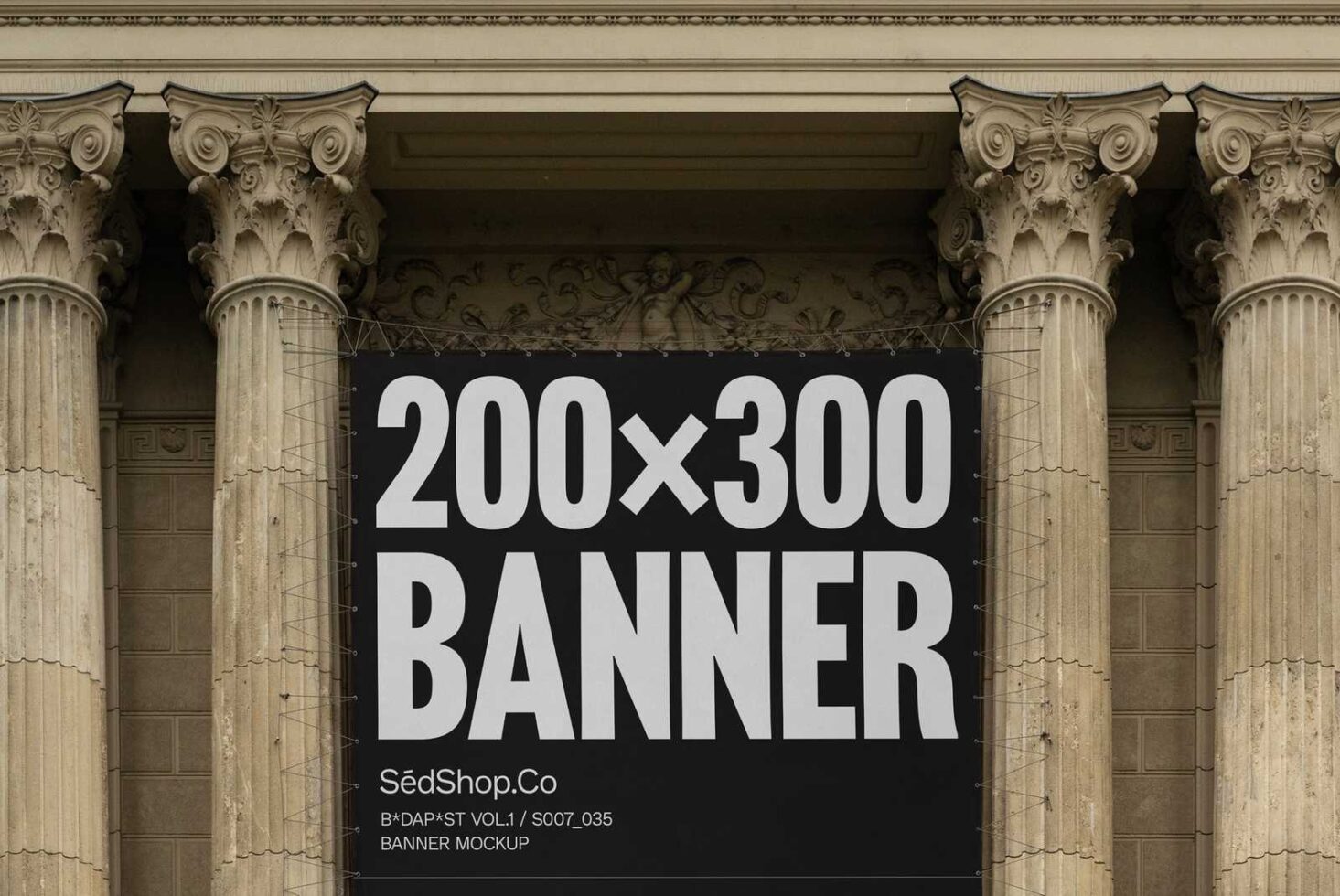 Banner mockup on classical architectural columns showcasing customizable 200x300 banner for design projects. Ideal for graphic designers creating templates.