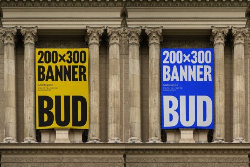 Outdoor banner mockup featuring two vertical signs on a classical building with columns. Ideal for graphic designers seeking realistic presentation templates.