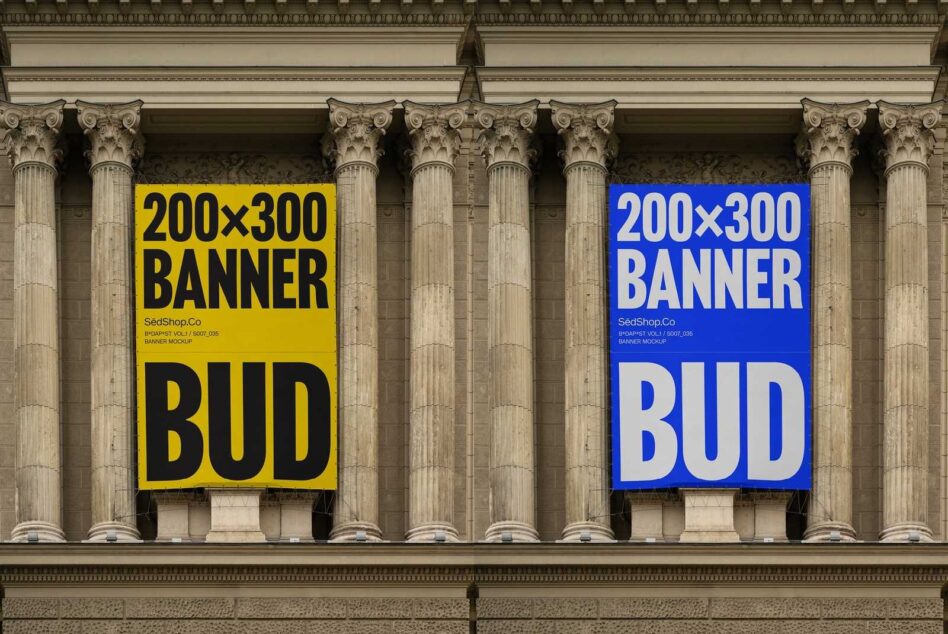 Outdoor banner mockup featuring two vertical signs on a classical building with columns. Ideal for graphic designers seeking realistic presentation templates.