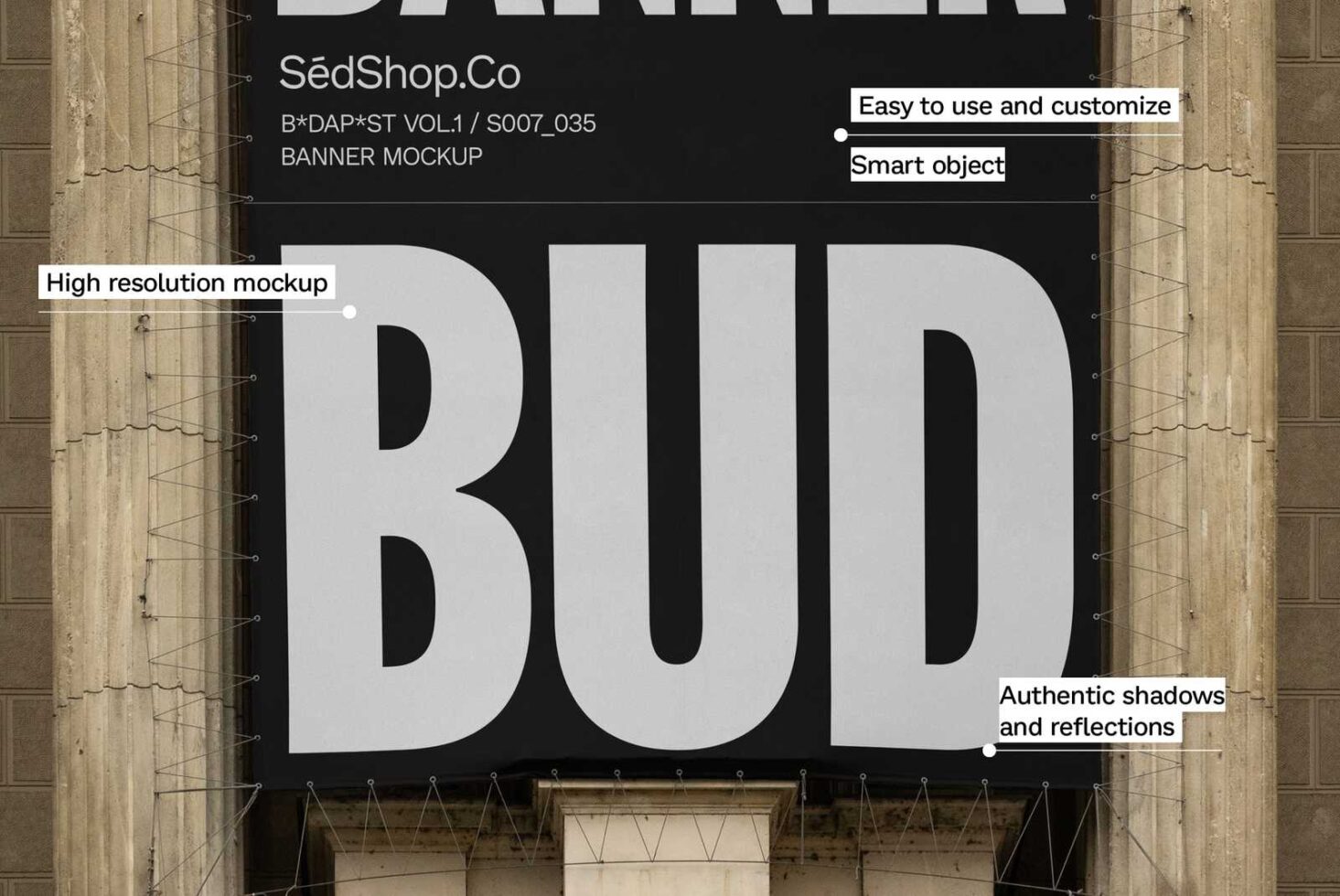 High resolution banner mockup on a building facade showcasing easy customization with smart object feature and realistic shadows for designers.