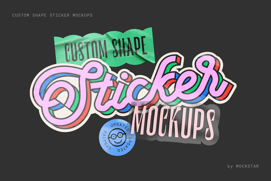 Colorful custom shape sticker mockups featuring bold typography on a dark background perfect for graphic design projects available for digital download