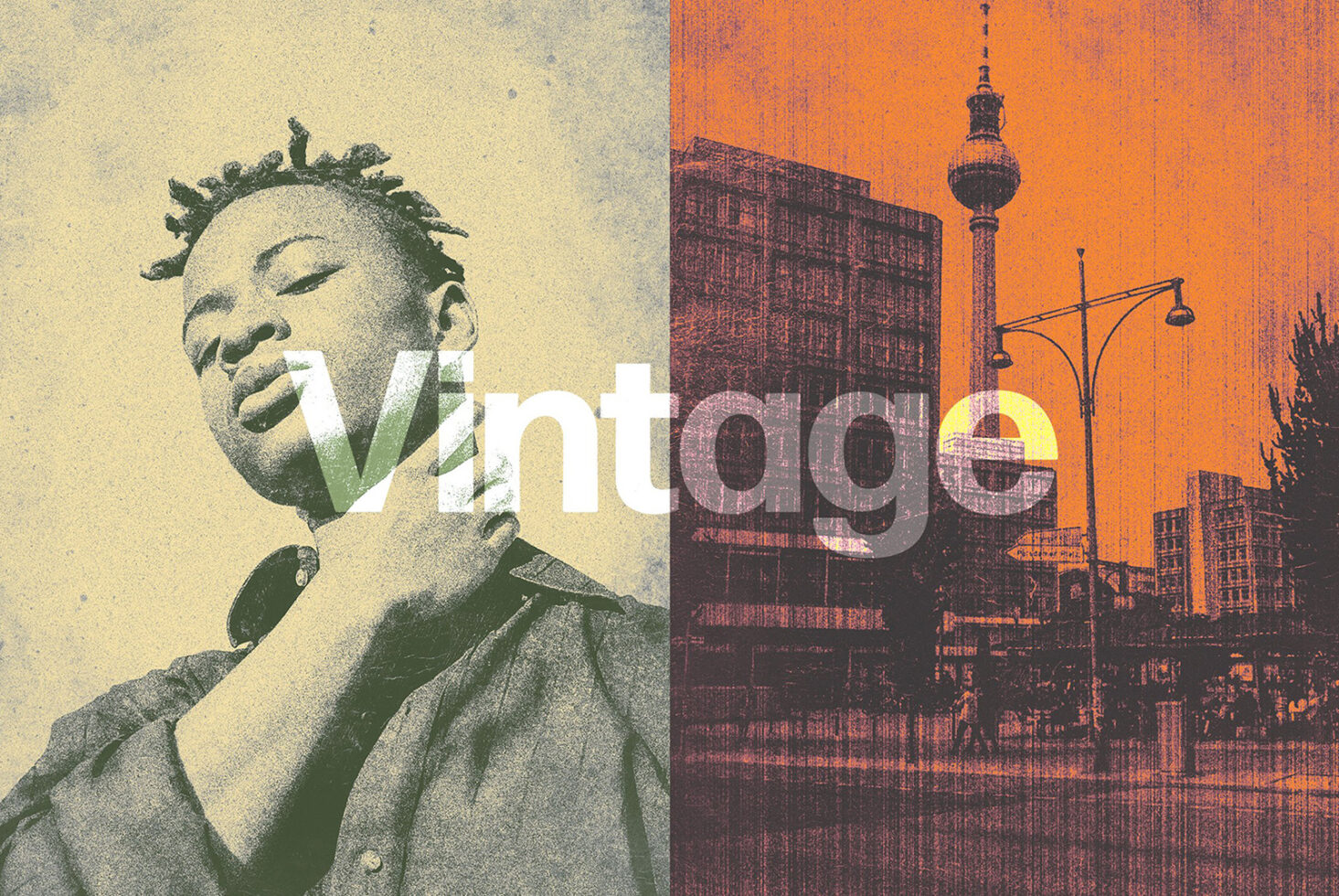 Vintage collage graphic featuring a textured portrait and cityscape. Ideal for designers needing retro mockups or templates. Urban, artistic, stylish.