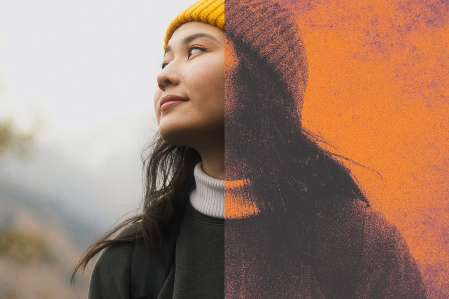 Portrait of woman in yellow beanie with half-image graphic filter effect for creative templates, mockups, photo editing projects by designers.