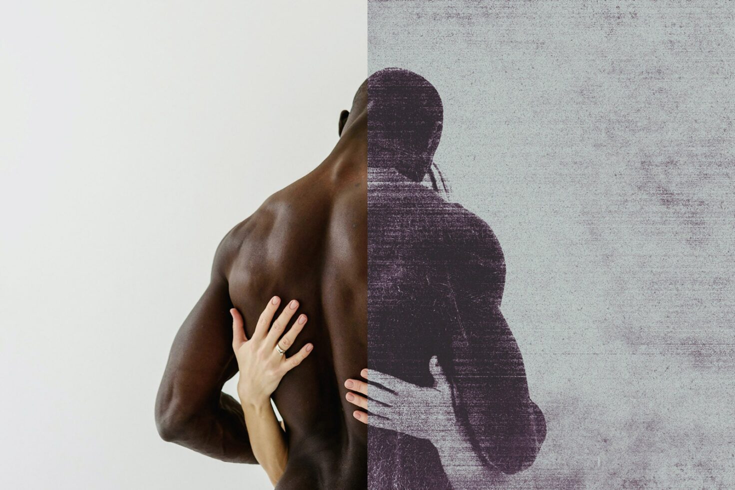 Creative photo manipulation showing a bare back with a hand and its textured graphic version. Perfect for graphic designers and art projects.