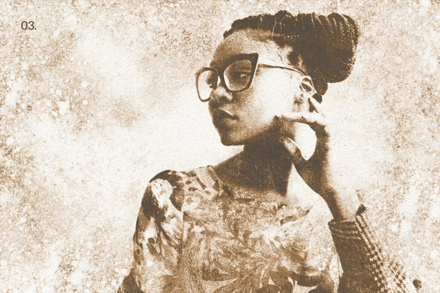 Vintage sepia graphic of a woman with glasses textured background artistic poster perfect for designers exploring retro designs and creative templates.