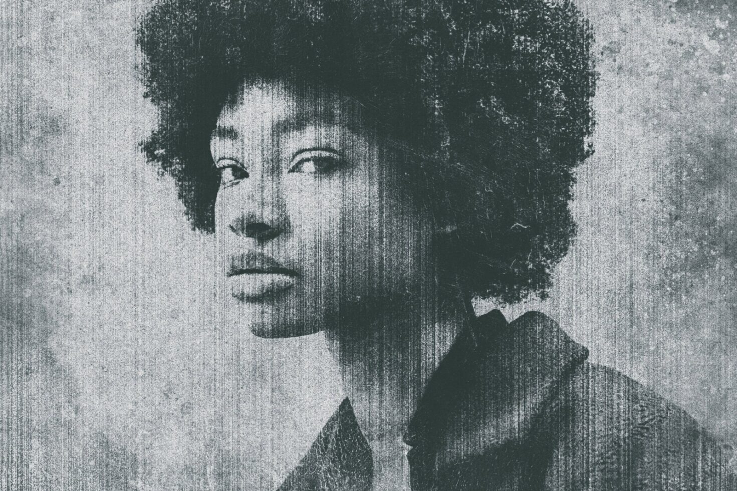 Textured grayscale portrait of a woman with curly hair. Ideal for designers in graphics and templates. Keywords: portrait, texture, design, grayscale.