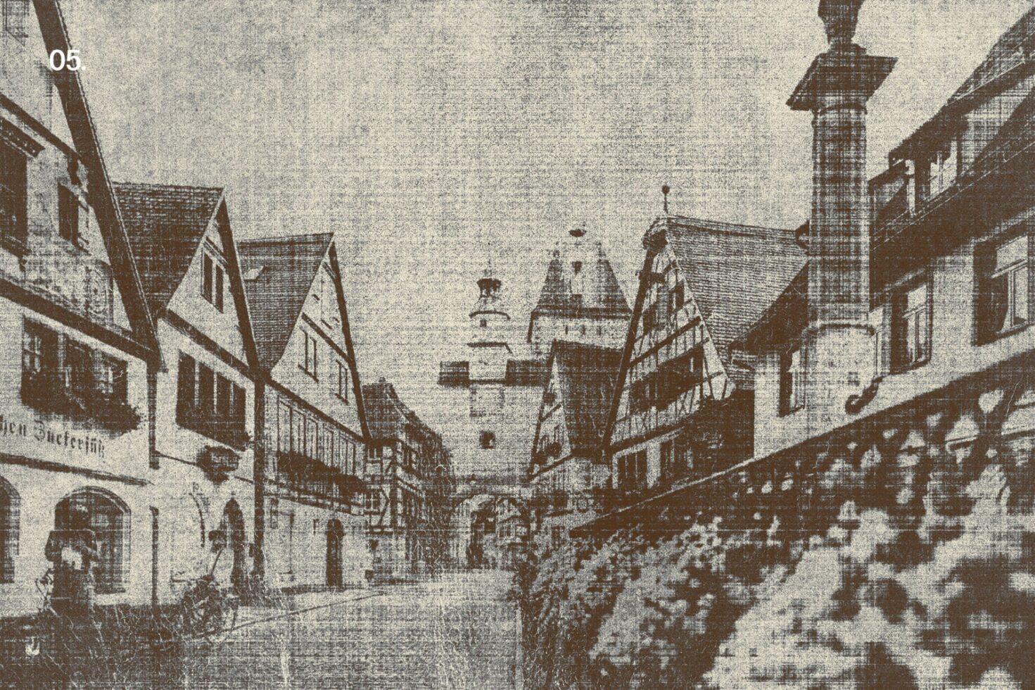 Vintage textured graphic of a medieval European street scene featuring classic half-timbered houses ideal for design projects, templates, or mockups.