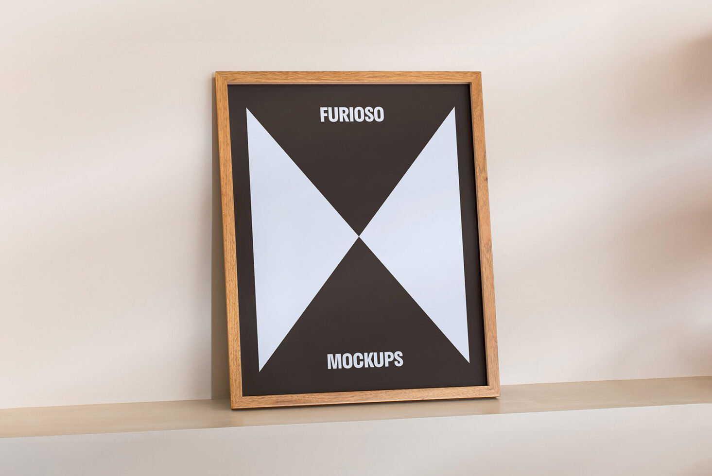 Minimalist photo frame mockup with wooden border on shelf. Ideal for designers seeking modern presentation. Keywords: mockup, design, frame, minimalist.