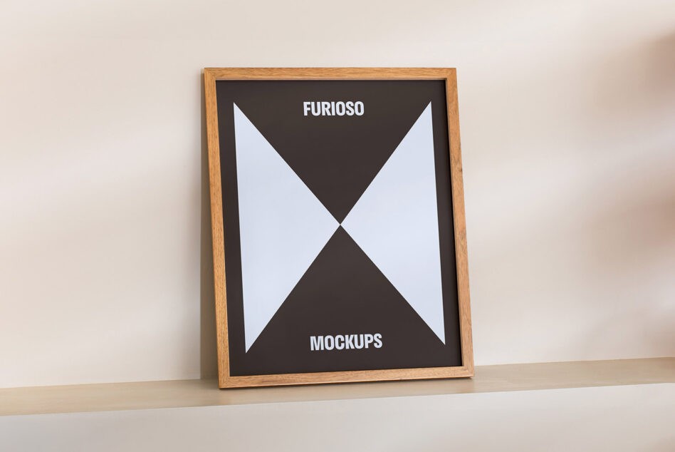 Minimalist photo frame mockup with wooden border on shelf. Ideal for designers seeking modern presentation. Keywords: mockup, design, frame, minimalist.