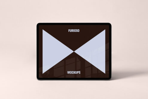 iPad mockup displaying Furioso template with symmetrical design on screen. Minimalistic beige background. Ideal for showcasing digital designs.