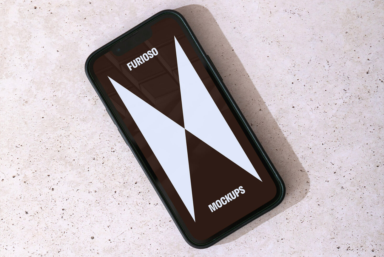 Smartphone mockup on textured surface showcasing minimalist design with bold white geometric pattern against dark backdrop. Ideal for designers.