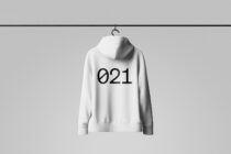 Minimalist hoodie mockup with a white background featuring bold black typography 021 on the back perfect for apparel design and graphic presentations.