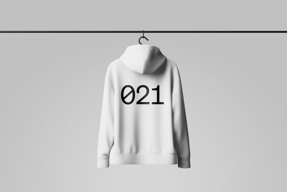 Minimalist hoodie mockup with a white background featuring bold black typography 021 on the back perfect for apparel design and graphic presentations.