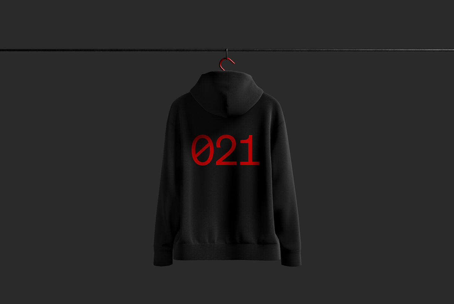 Black hoodie mockup on hanger featuring bold red typography 021 on the back minimalistic design for apparel templates fashion designers clothing mockups