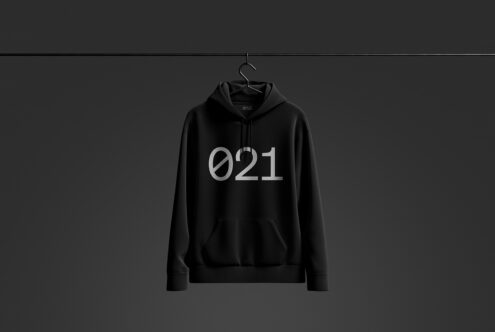 Black hoodie mockup design with a modern minimalist look featuring the number 021. Ideal for apparel designers and digital assets in templates and graphics.