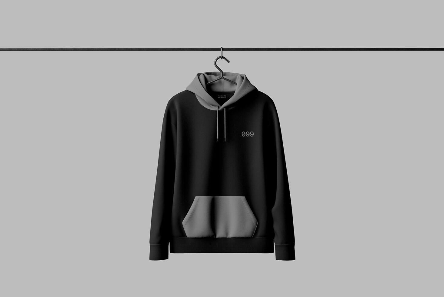 Hoodie mockup in black and gray displayed on hanger against a gray background ideal for apparel design presentations graphic templates fashion design