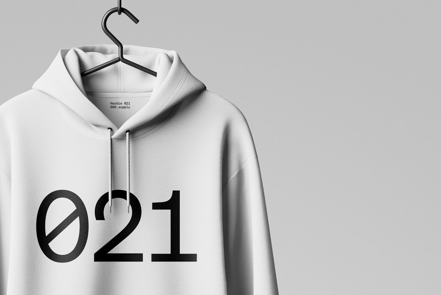 White hoodie mockup on hanger with bold black 021 print ideal for designers fashion templates garment graphics minimalist style apparel branding SEO.