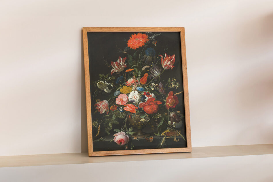 Framed floral artwork mockup on shelf with vibrant colors, perfect for designers. Ideal for showcasing digital art and print graphics in templates.