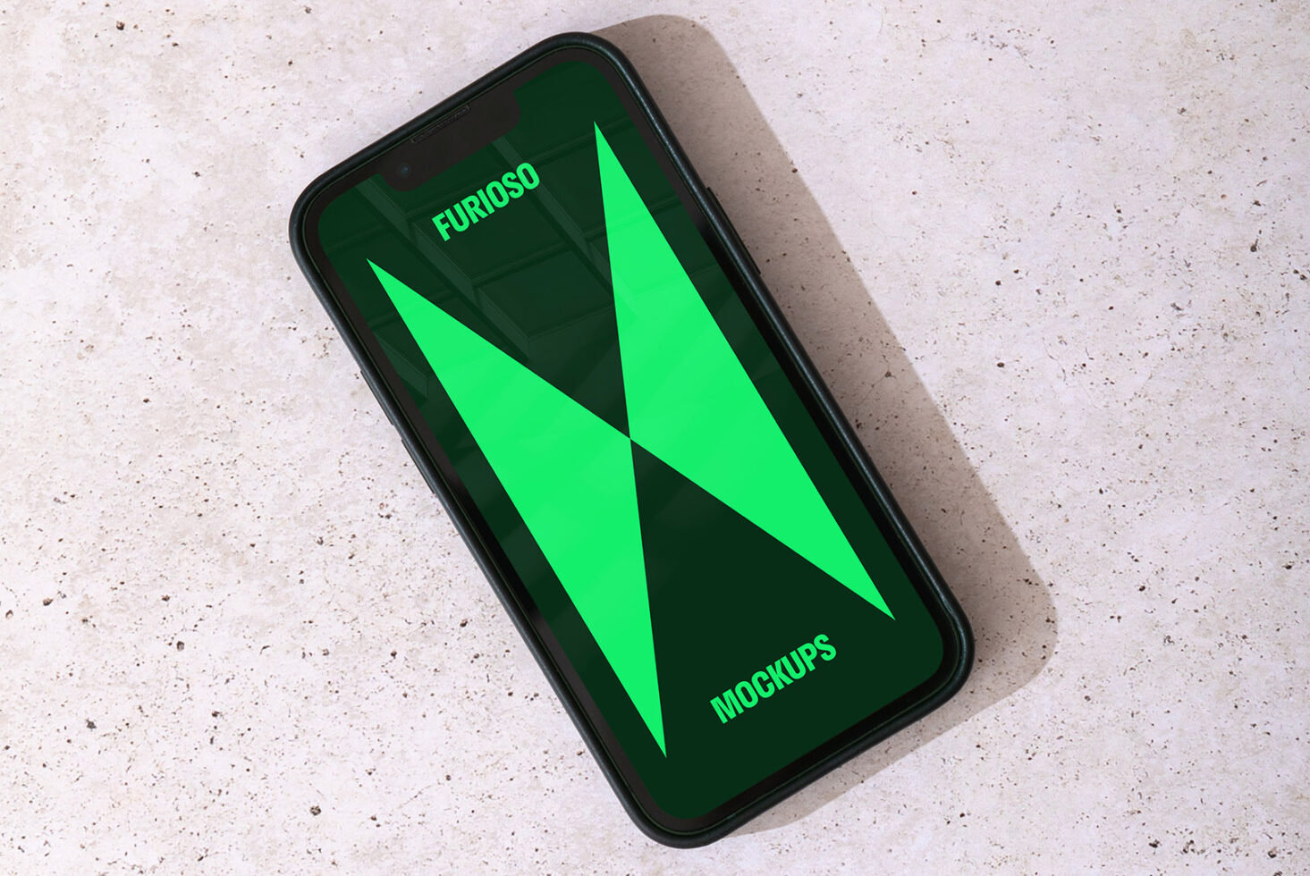 Smartphone mockup on textured surface displays bold green graphic design. Ideal for designers seeking modern digital assets. Keywords: mockup graphic design.