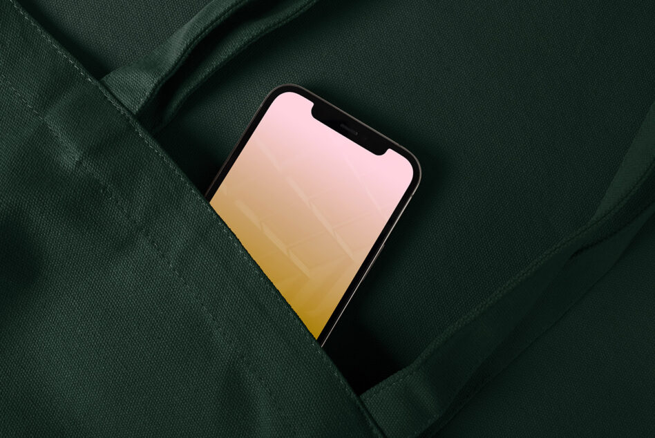 Mockup of smartphone with minimalist screen in dark green fabric bag ideal for designers digital assets presentation for templates and creative projects.