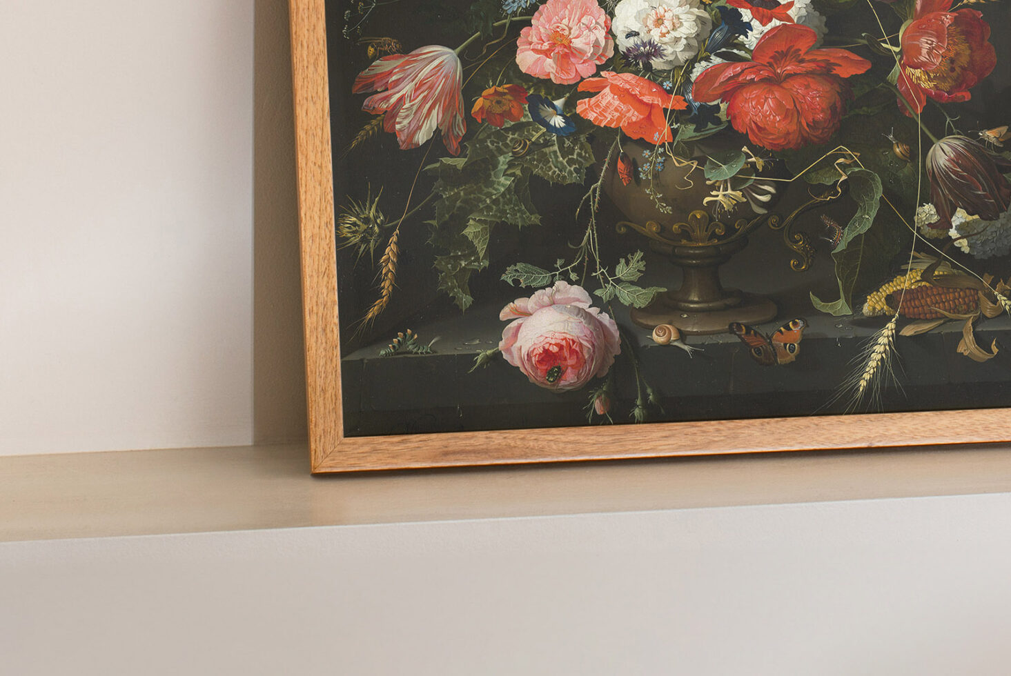 Close-up of a framed floral painting with rich colors and intricate details ideal for art mockups or design templates in digital marketplaces.