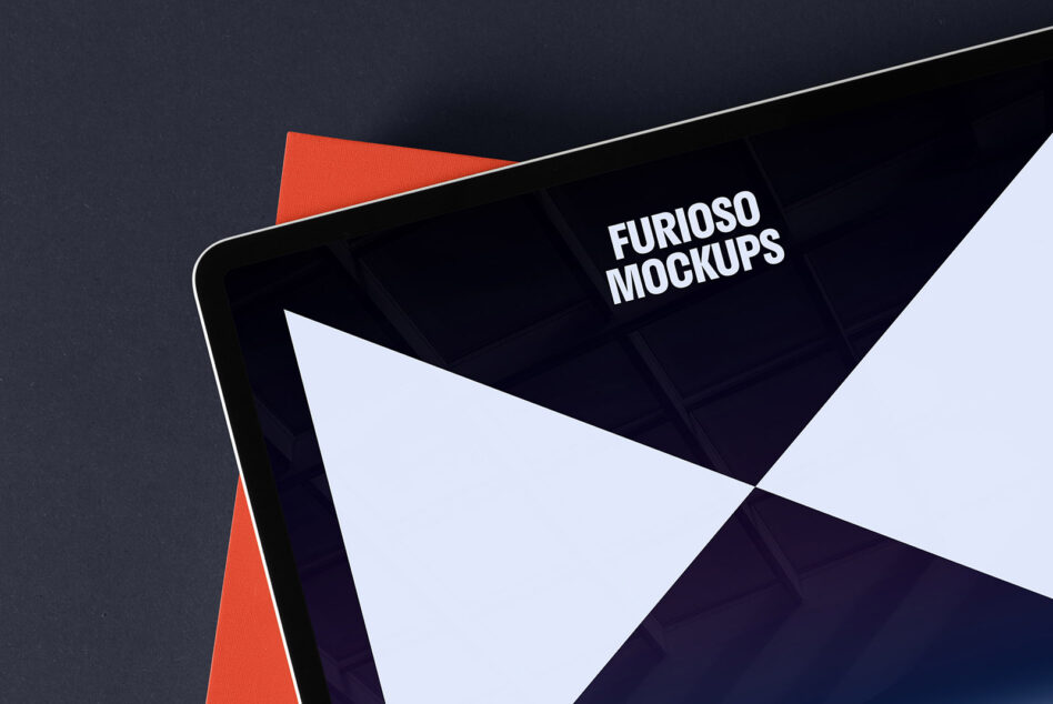 Close-up of a digital tablet displaying a geometric mockup design with text Furioso Mockups on screen perfect for graphic designers and creatives.