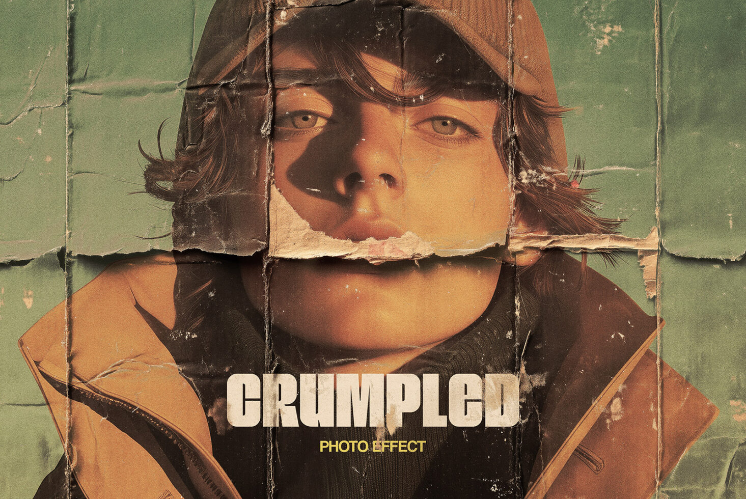 Crumpled photo effect mockup showing a close-up of a person with vintage texture fit for graphic design template projects targeting creative designers.