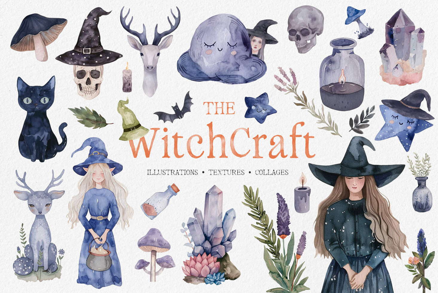 Witchcraft-themed illustrations featuring witches, skulls, crystals, and black cats. Perfect for designers needing mystical graphics and textures.