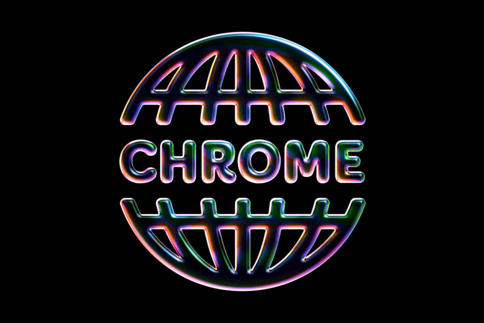 Circular rainbow neon badge with Chrome text surrounded by geometric line patterns