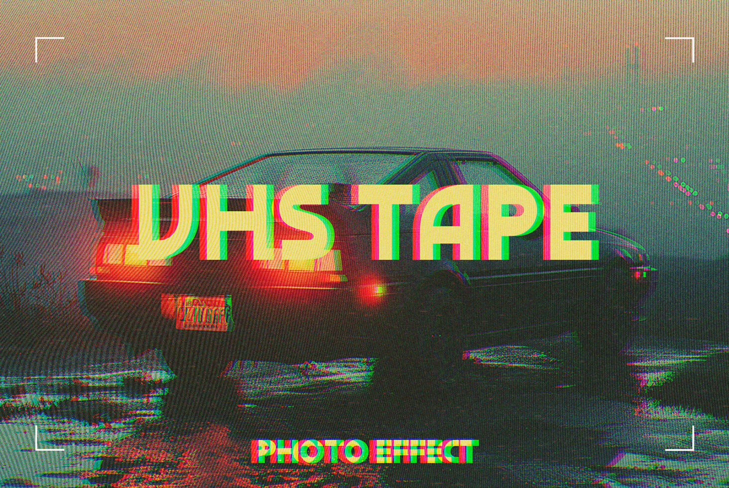 VHS tape photo effect template featuring a retro car in a foggy setting with glitchy text overlay perfect for digital assets in vintage design projects.