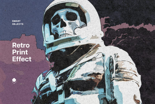 Retro print effect graphic featuring a skeleton astronaut in a vintage style. Ideal for designers seeking unique mockups and creative visuals.