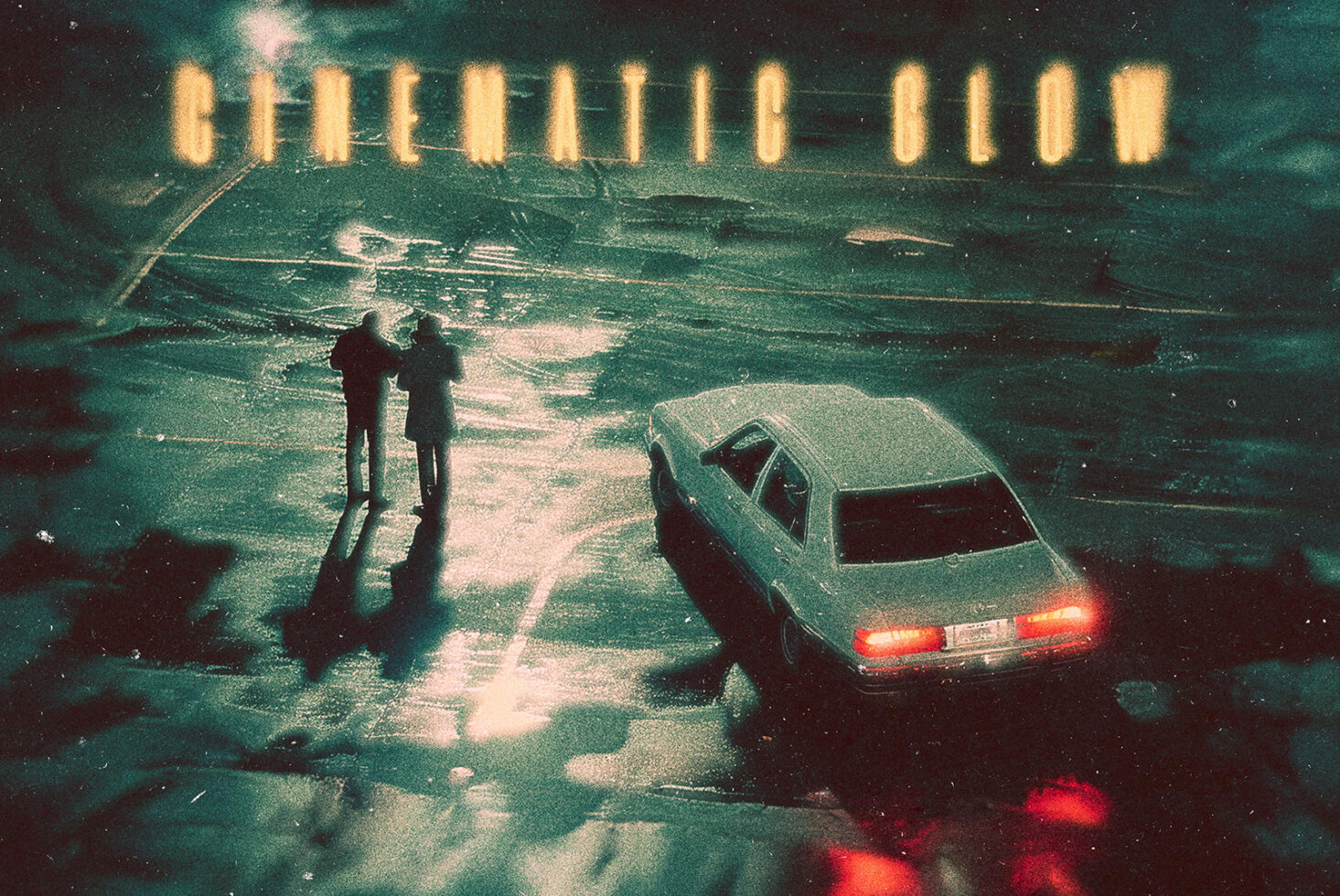 Retro-style graphic design with a cinematic glow effect features two silhouetted figures near a vintage car on a rainy night. Perfect for creative projects.