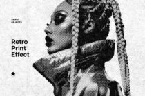 Woman in turtleneck with halftone effect overlay, retro print style mockup