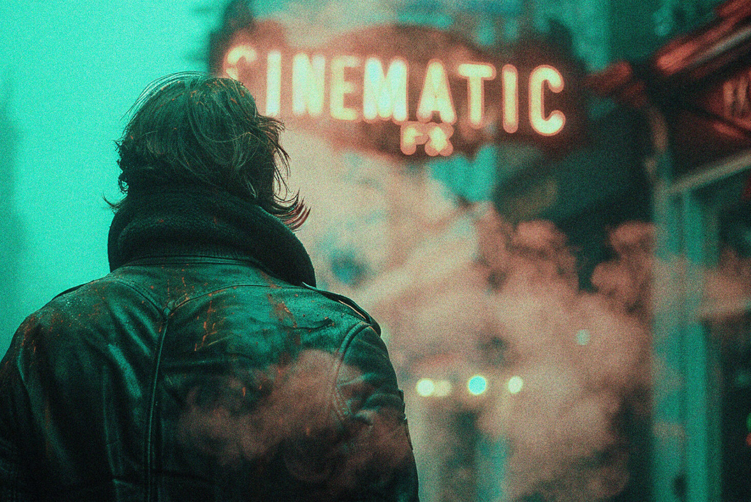 Person in a leather jacket facing blurred neon sign reading Cinematic FX atmospheric mood creative template suitable for graphics and mockups designers.